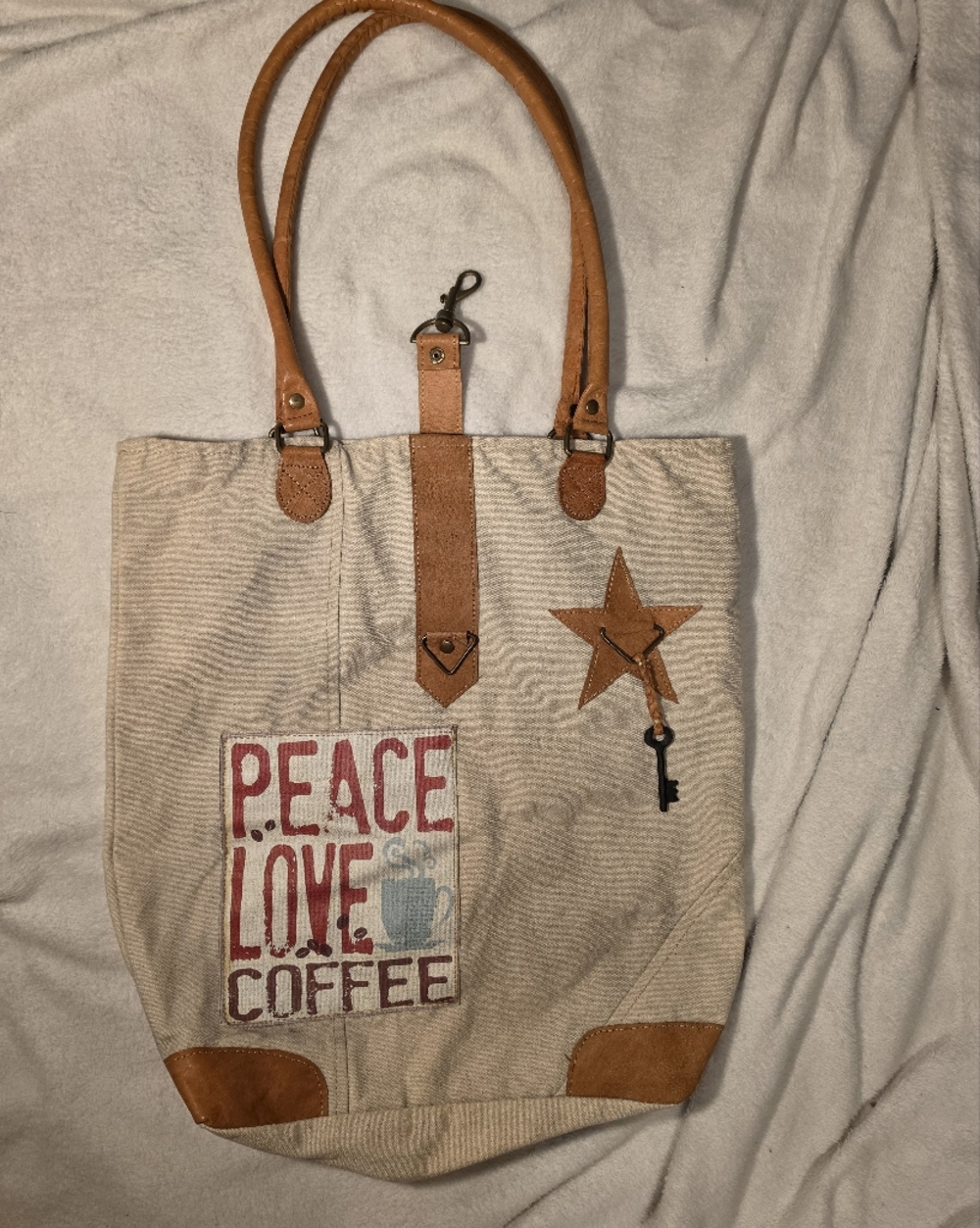 Peace Love Coffee Canvas Hobo Tote in Beige and Tan